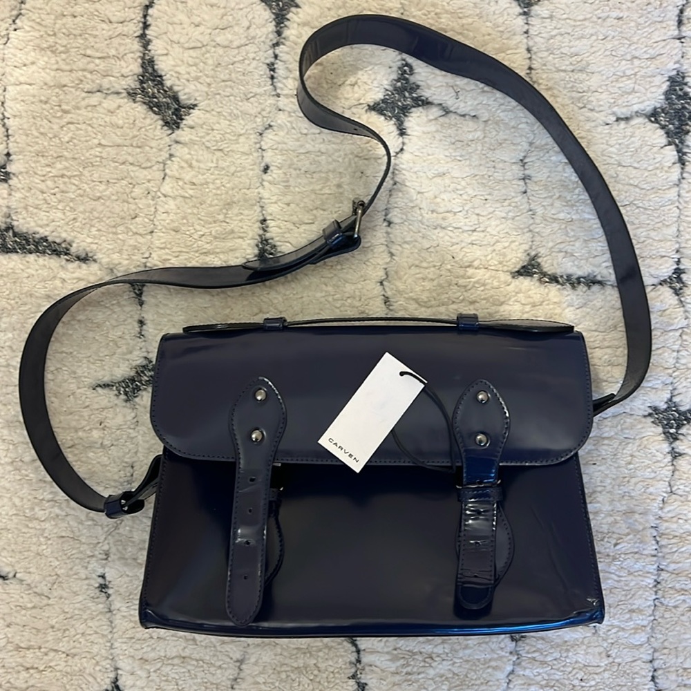 Carven Paris Navy Leather Messenger Bag